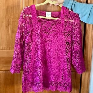 Lace overlay on tank fuchsia-colored fancier top